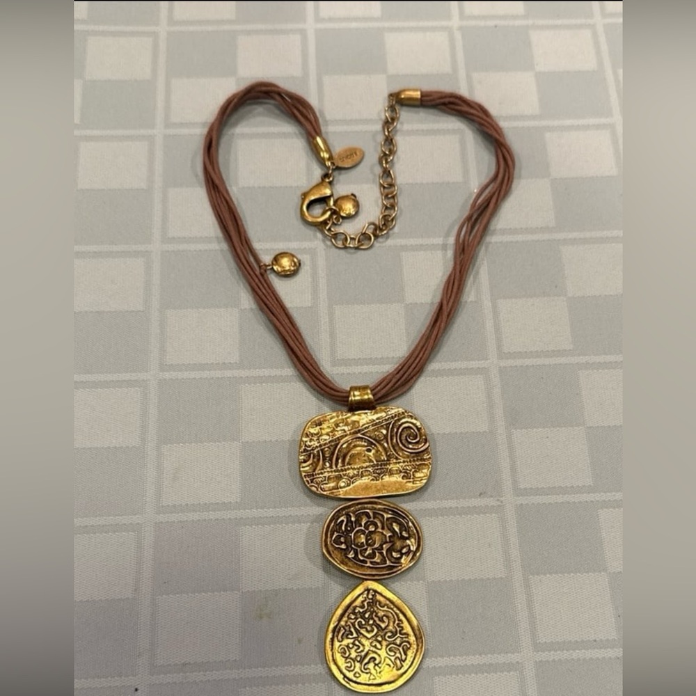 Chicos Necklace gold dangle cord tassel charm coin revival 17" chunky EUC